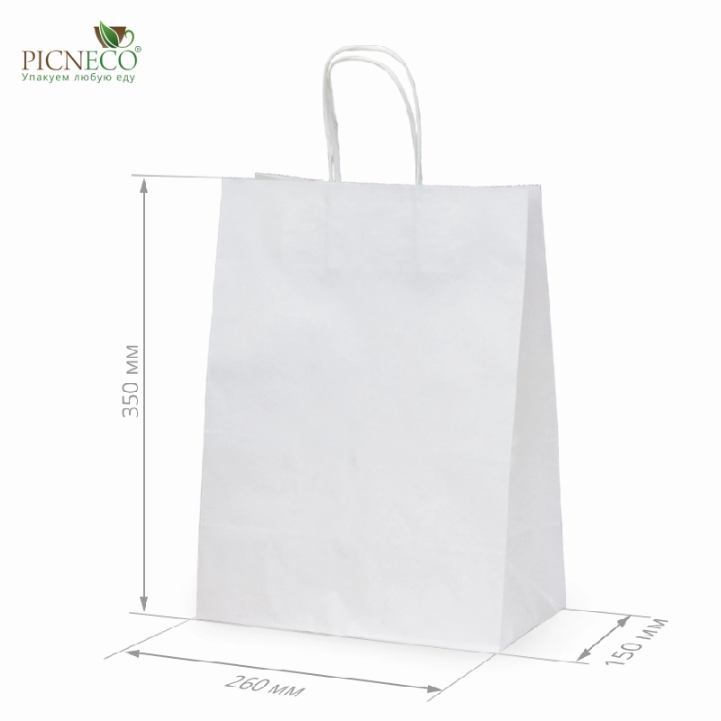 товар Бумажный крафт пакет с кручеными ручками, белый, 260*150*350 мм BPK026